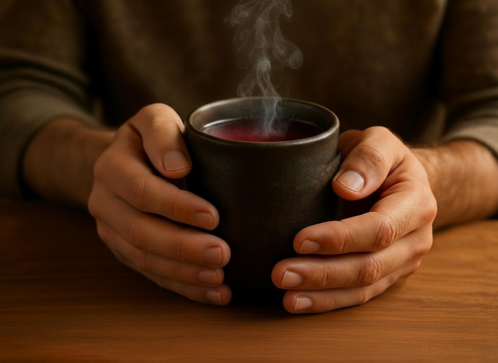 Male Hands Holding Hibiscus Tea Mug
